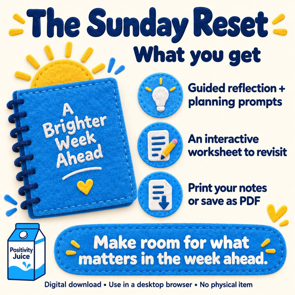 The Sunday Reset: what is included and how to use this digital download, illustrated in Positivity Juice felt style.